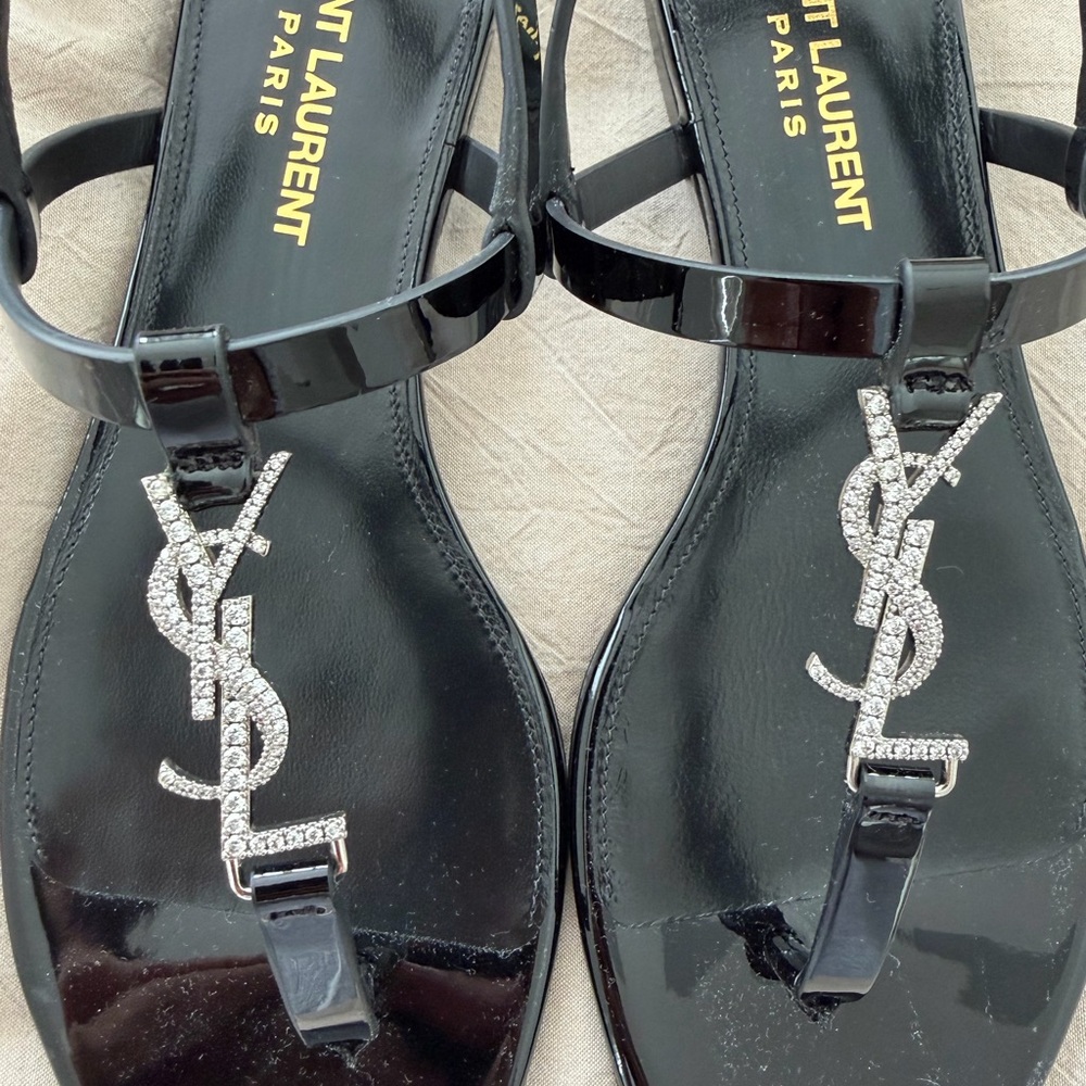 Saint Laurent Black Sandals with Rhinestone Logo - Picture 3 of 5